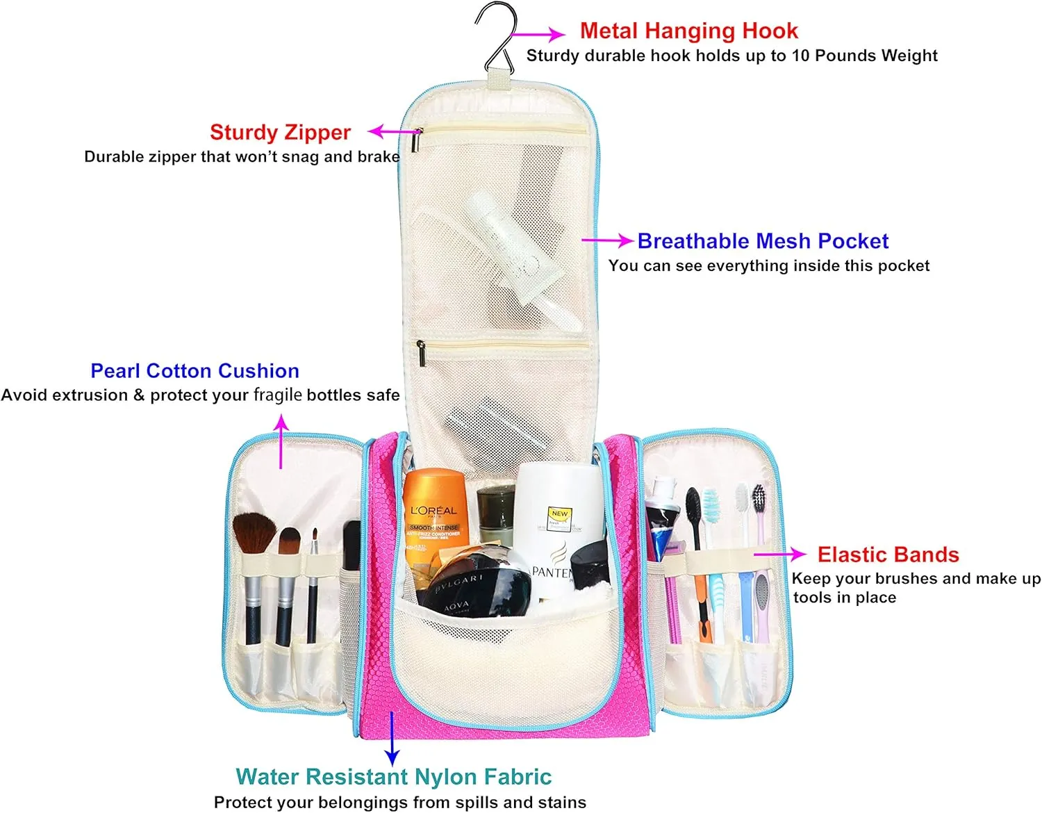 Hanging Toiletry Bag Extra Large Capacity | Premium Travel Organizer Bags For Men And Women | Durable Waterproof Nylon Bathroom, Shower, Makeup Bag For Toiletries, Cosmetics, Brushes