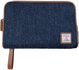 Harris Tweed Wool Leather Clutch Bag for Men Handbag Wrist Bag Business Large Purse Envelope Bag (Blue)