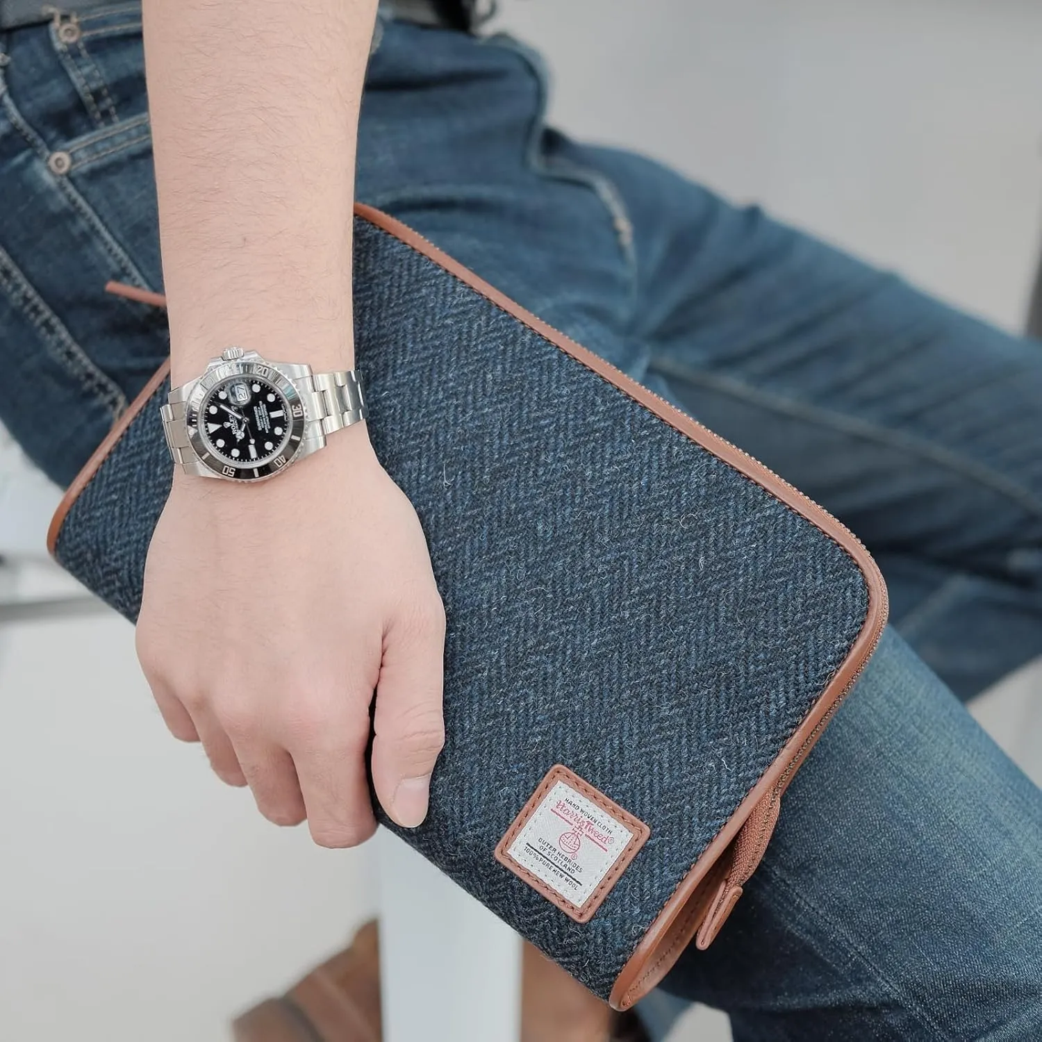 Harris Tweed Wool Leather Clutch Bag for Men Handbag Wrist Bag Business Large Purse Envelope Bag (Blue)