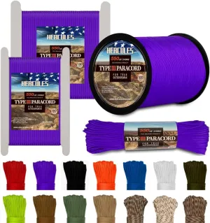 HERCULES Type III Paracord 550 Paracord Rope Parachute Cord, 250' Purple Paracord for Camping Rope, Survival Rope
