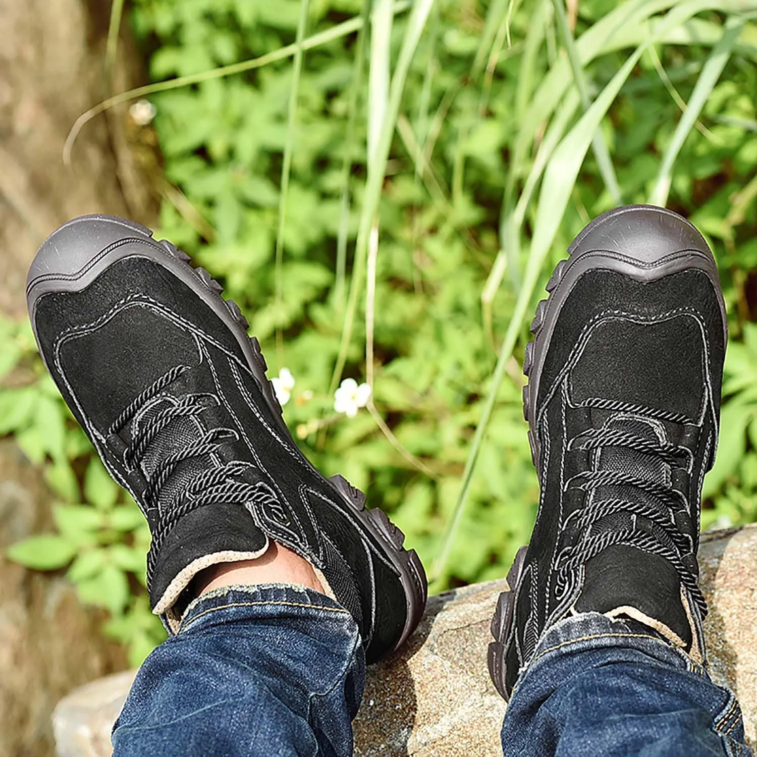 HESBITEUL Men's Leather Chukka Hiking Boots All Seasons for Camping & Driving Ankle Shoes