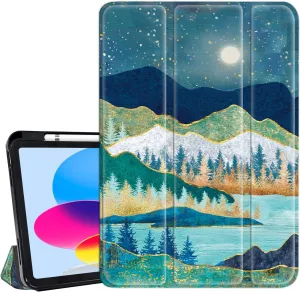 Hi Space for iPad 10th Generation Case 10.9 inch 2022 with Pencil Holder, Mountain Green Landscape Nature Trifold Protective Shockproof Cover foriPad 10th Gen Auto Sleep Wake for A2757 A2777