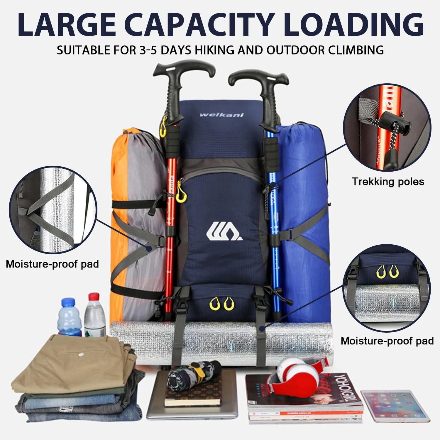 Hiking Backpack 50L, Lightweight Travel Backpack Camping Essentials Bag Outdoor Sport Daypack for Men Women Trekking Hunting Adventure Gear (Blue)