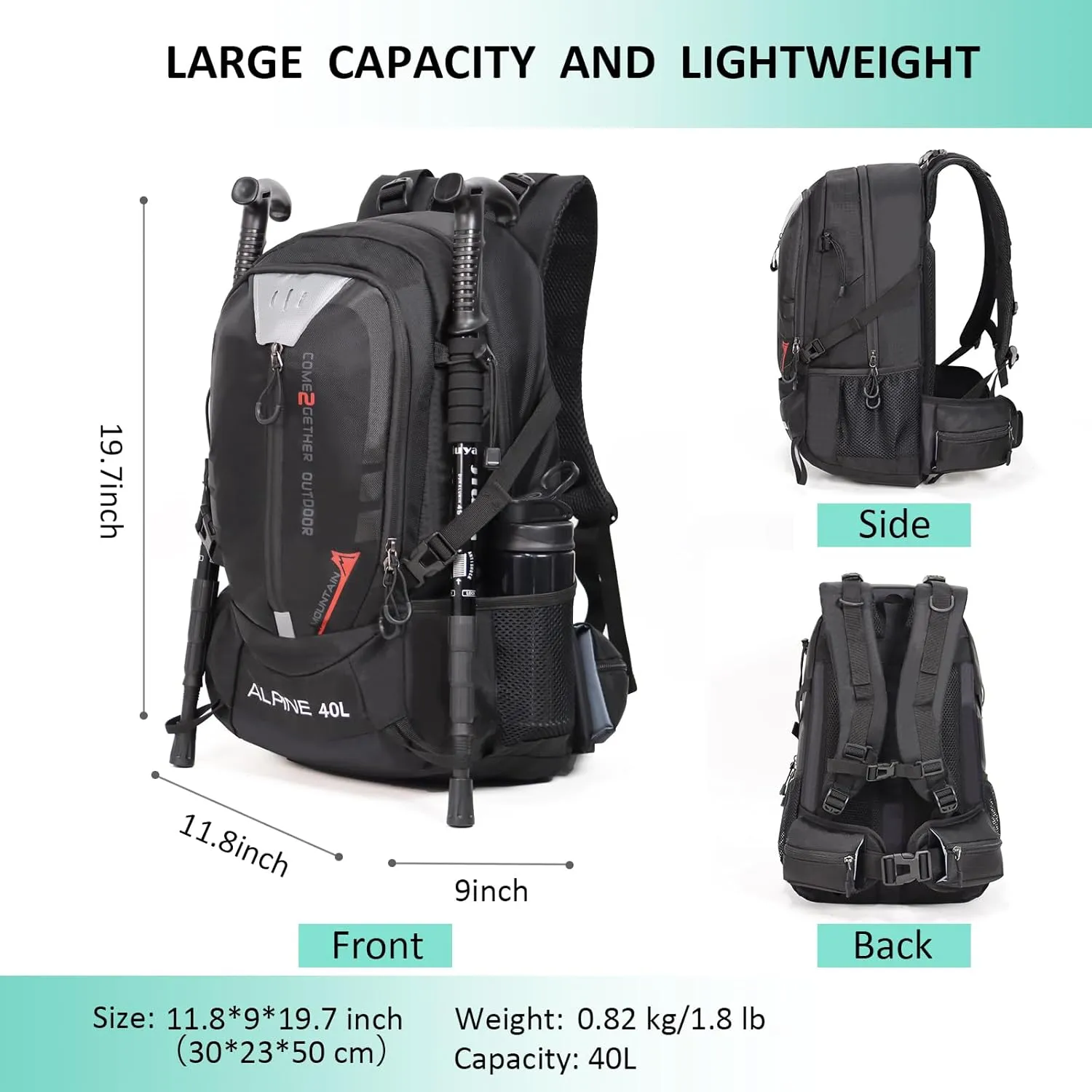 Hiking Backpack Camping 40L Outdoor Daypack Lightweight Travel Backpack with Rain Cover for Women Men (Black)