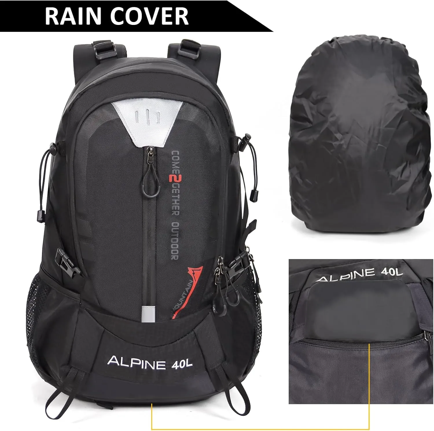 Hiking Backpack Camping 40L Outdoor Daypack Lightweight Travel Backpack with Rain Cover for Women Men (Black)