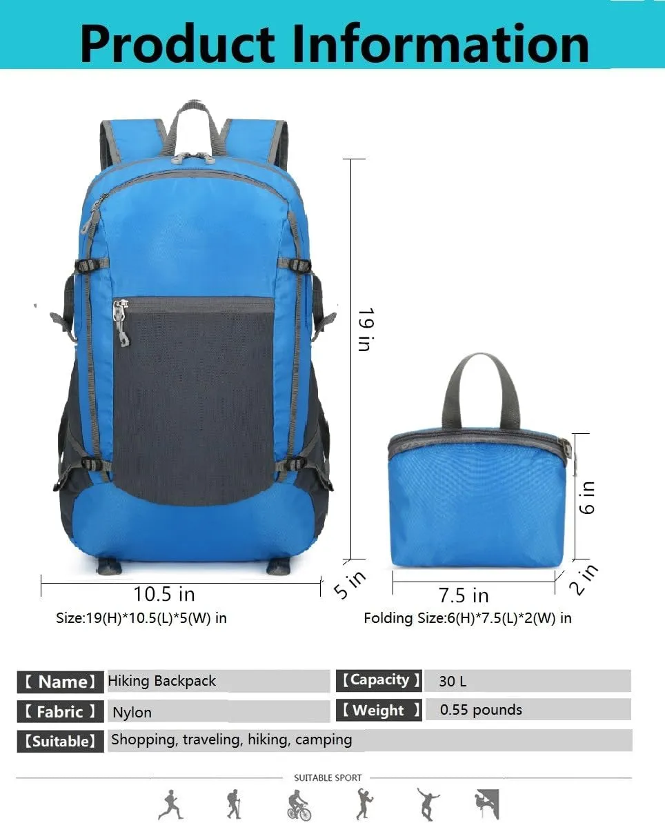 Hiking Backpack Daypack Lightweight Packable Travel Outdoor Camping Ultra Foldable Day Pack for Woman Man (Blue, 30L)