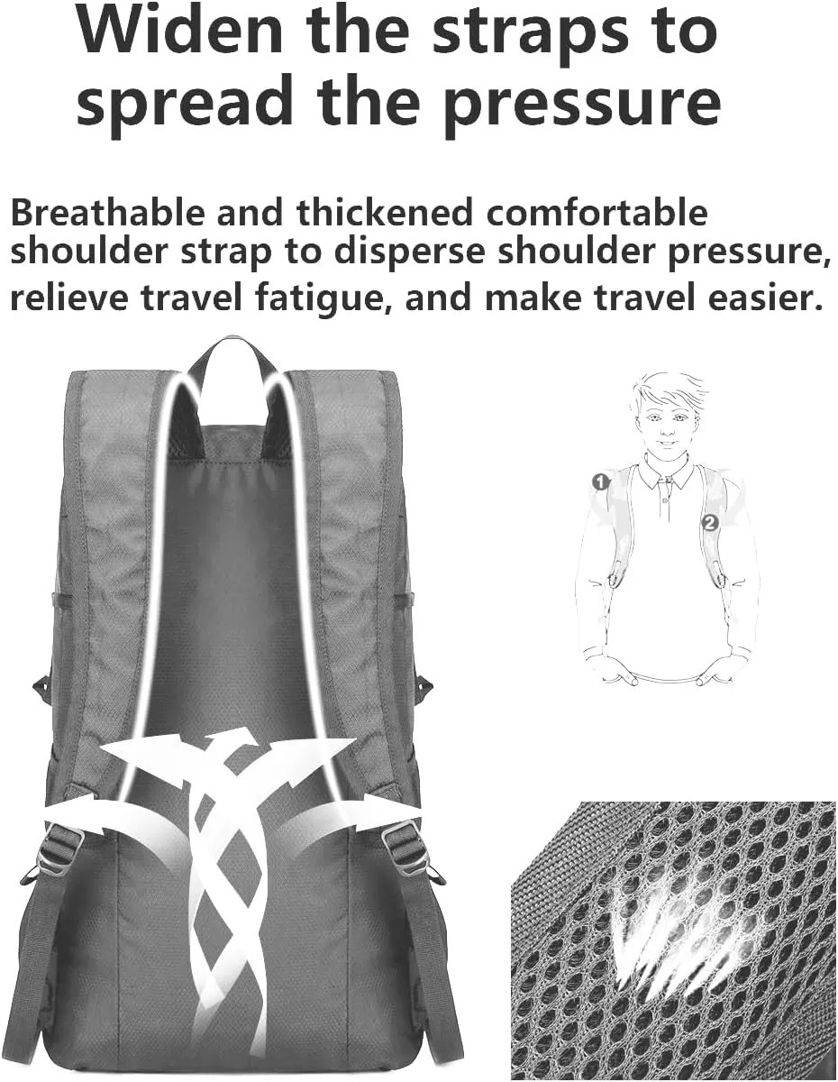Hiking Backpack Daypack Lightweight Packable Travel Outdoor Camping Ultra Foldable Day Pack for Woman Man (Gray, 30L)