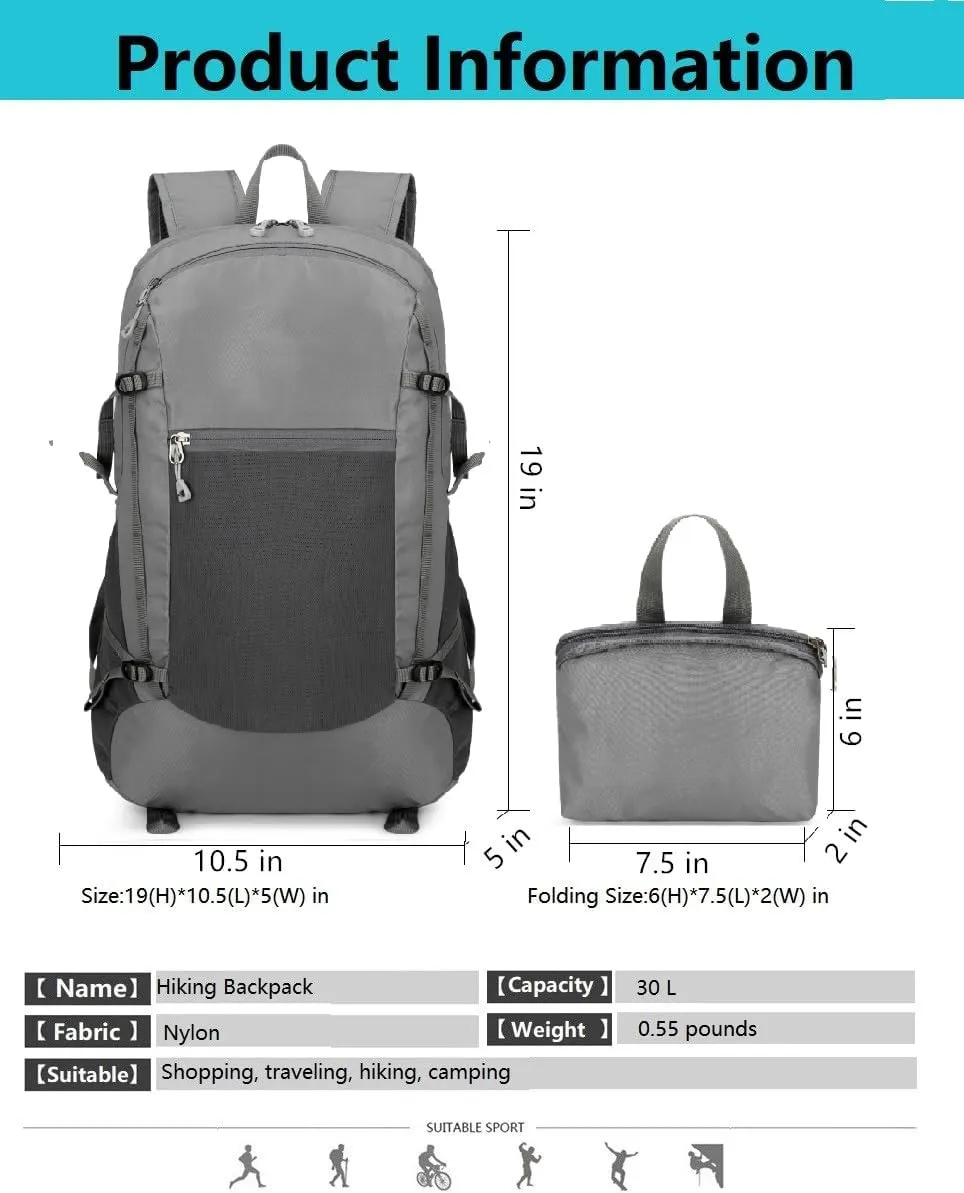 Hiking Backpack Daypack Lightweight Packable Travel Outdoor Camping Ultra Foldable Day Pack for Woman Man (Gray, 30L)