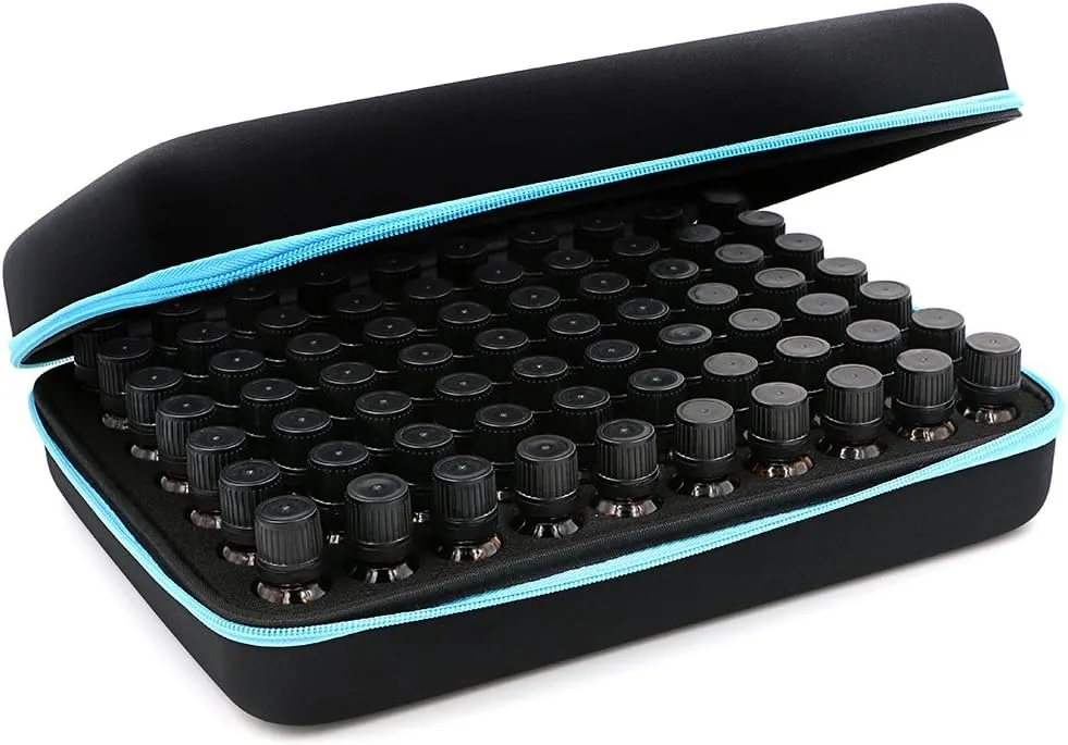 Hipiwe 70 Essential Oils Carrying Case Holds 5ml, 10ml, 15ml Bottles Hard Shell Exterior EVA Essential Oils Storage Organzier Bag with Foam Insert and Carrying Handle, Blue