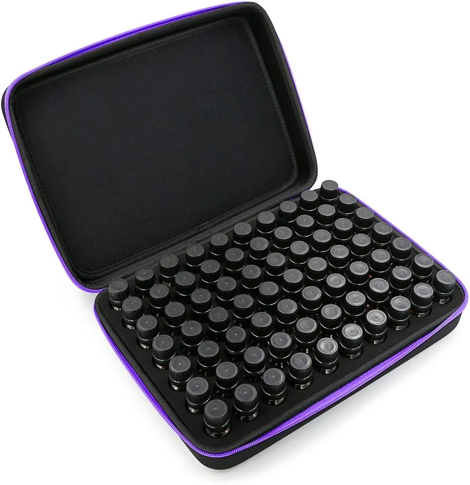 Hipiwe 70 Essential Oils Carrying Case Holds 5ml, 10ml, 15ml Bottles Hard Shell Exterior EVA Essential Oils Storage Organzier Bag with Foam Insert and Carrying Handle, Purple