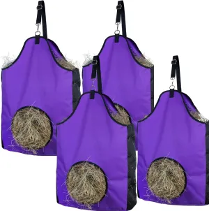 HIRQUITICKE 4 Pack Premium Durable Horse Slow Feed Hay Bag with Metal Snap Fastener and Heavy Adjustable Strap (4 Pack Purple)