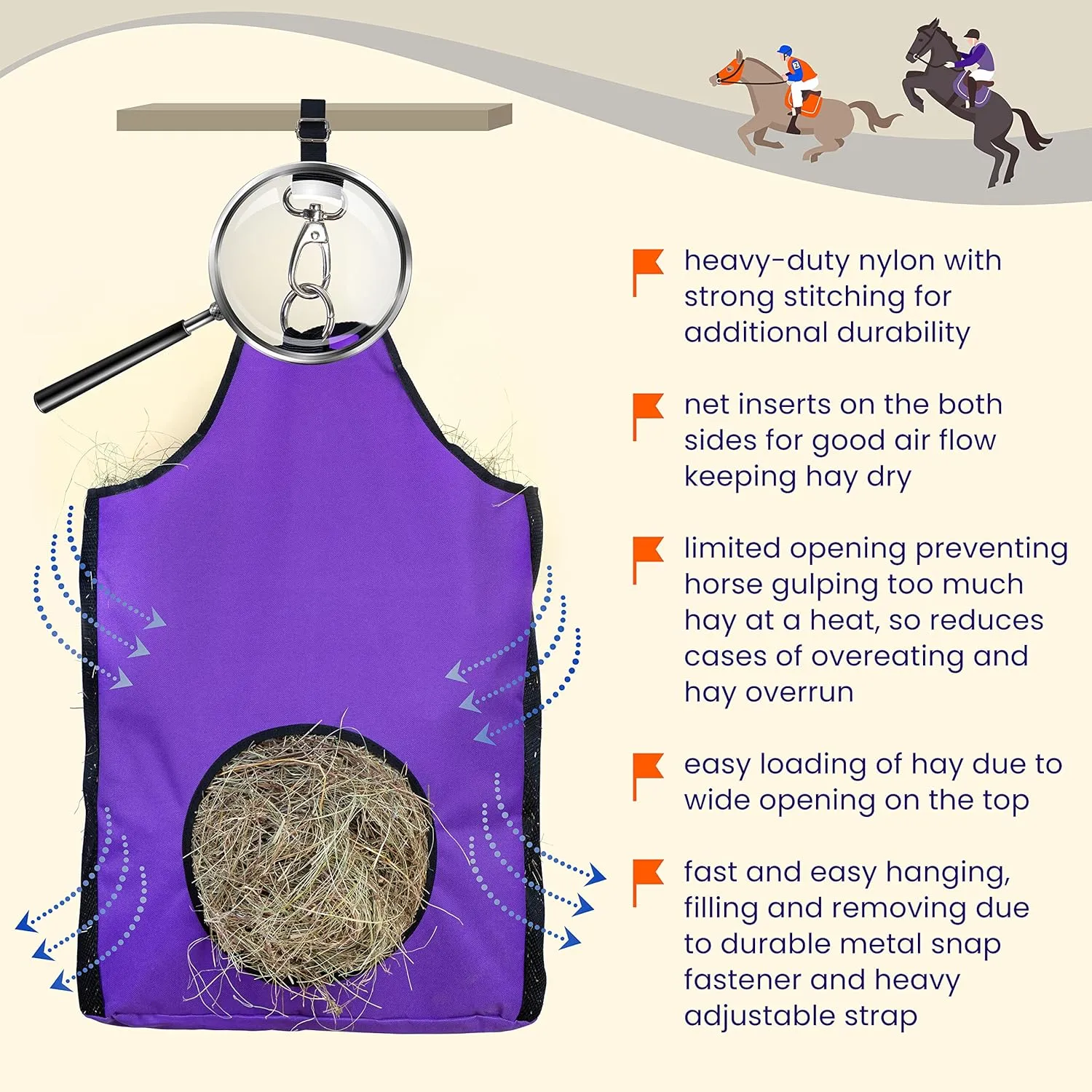 HIRQUITICKE 4 Pack Premium Durable Horse Slow Feed Hay Bag with Metal Snap Fastener and Heavy Adjustable Strap (4 Pack Purple)