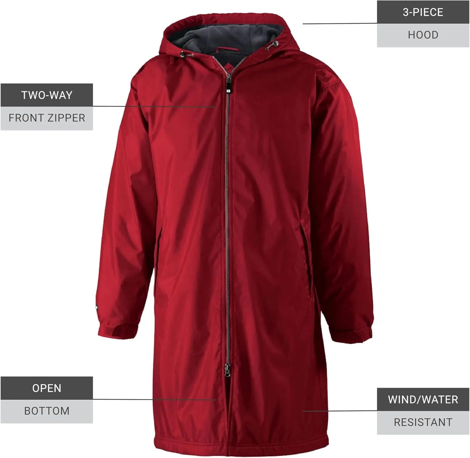 Holloway Men's Conquest Knee-Length Jacket – Warm-Up Wind/Water-Resistant Outerwear, Hooded & Adjustable Fit