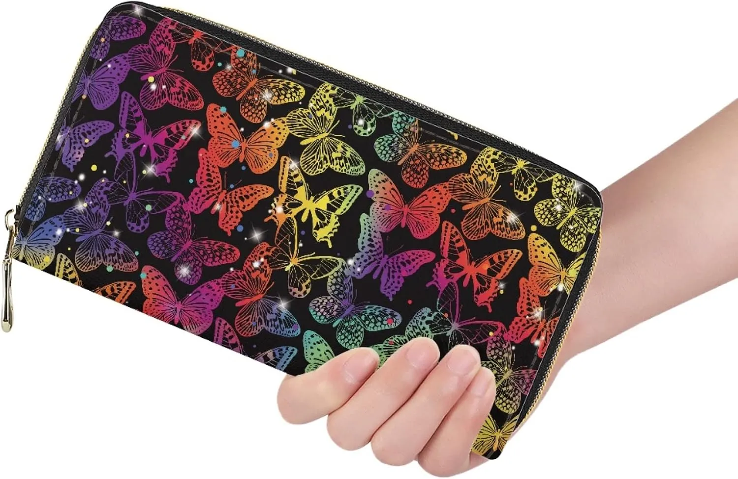 Howilath Coloful Butterfly Pattern Women Long Pu Leather Wallet with Credit Card Holder Coin Pockets Zip Around Clutch Slim Purse