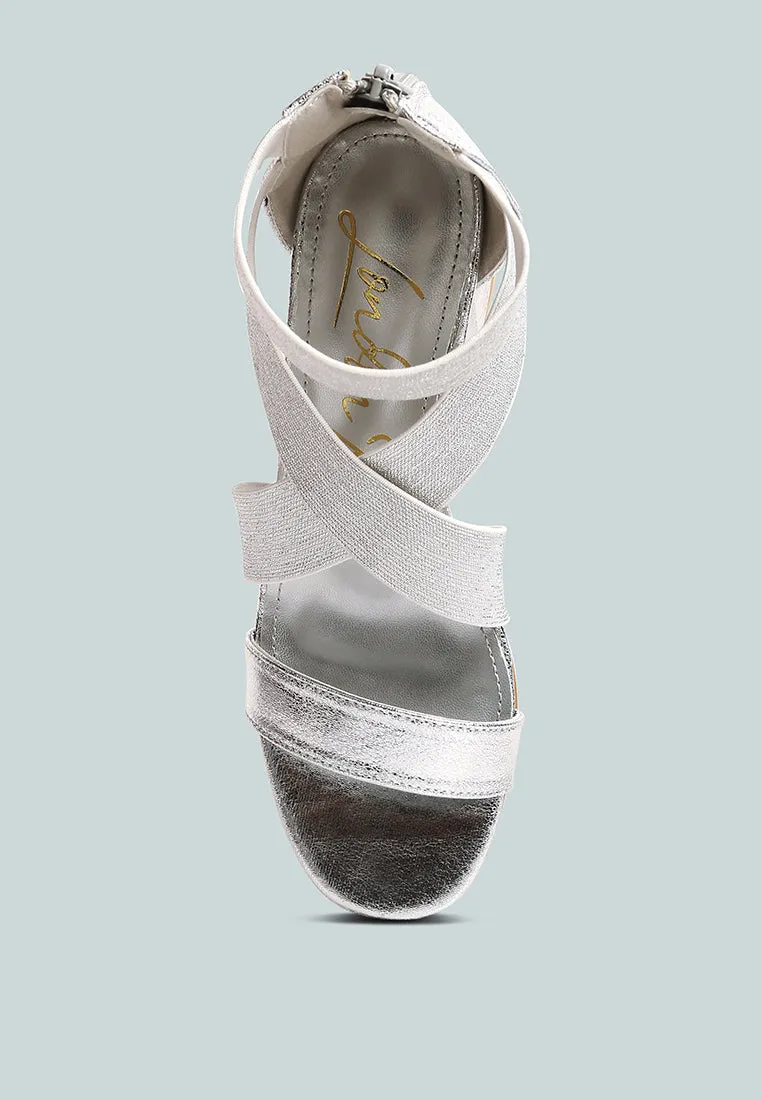 Huskies Metallic Faux Leather Block Heel Sandals By Ruw