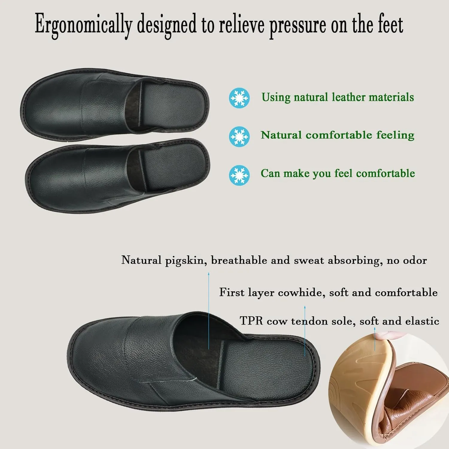 Hwayslon Leather Slippers Men's Women's Leather Room Slippers Natural Cowhide Luxury Solid Color Unisex