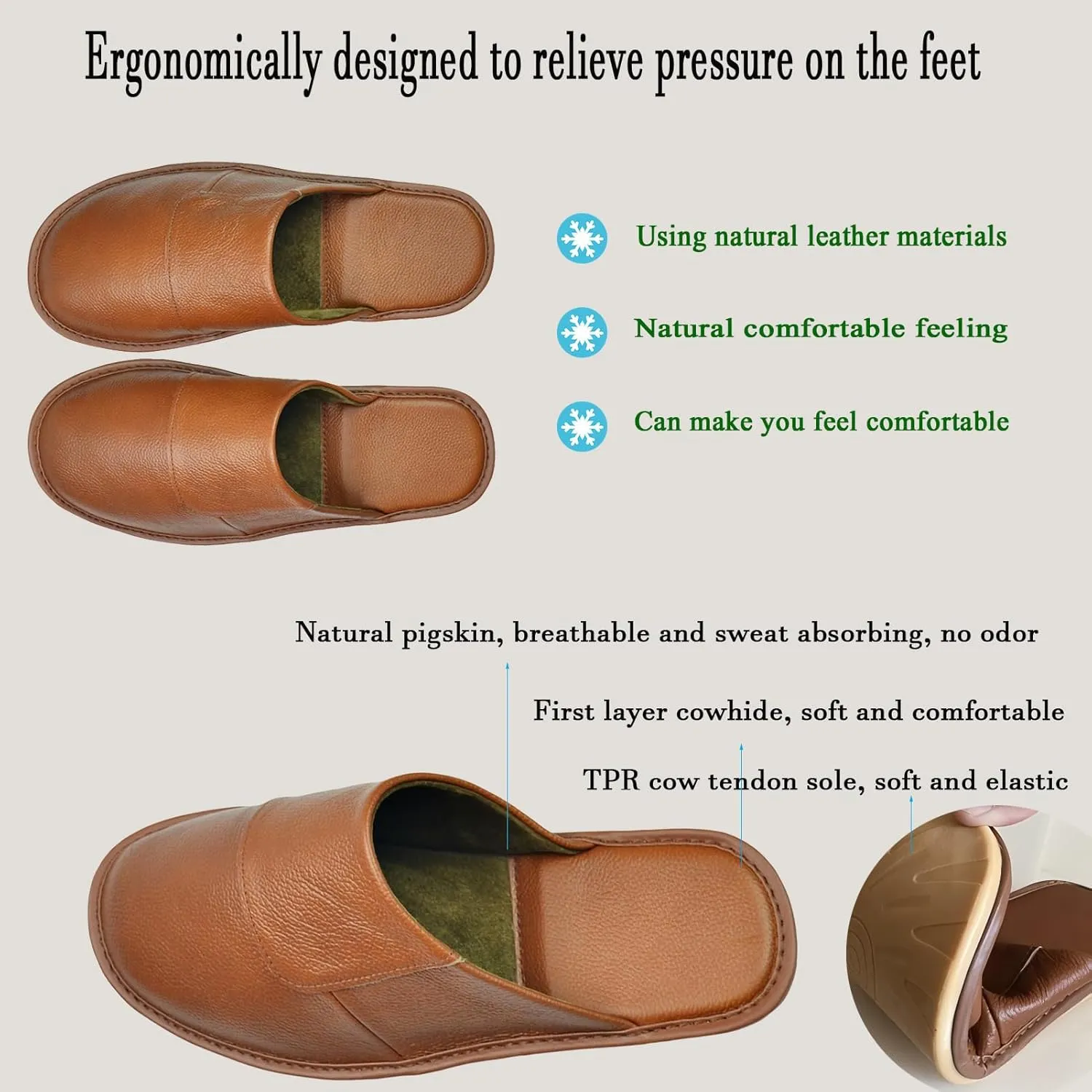 Hwayslon Leather Slippers Men's Women's Leather Room Slippers Natural Cowhide Luxury Solid Color Unisex