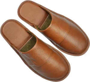 Hwayslon Leather Slippers Men's Women's Leather Room Slippers Natural Cowhide Luxury Solid Color Unisex