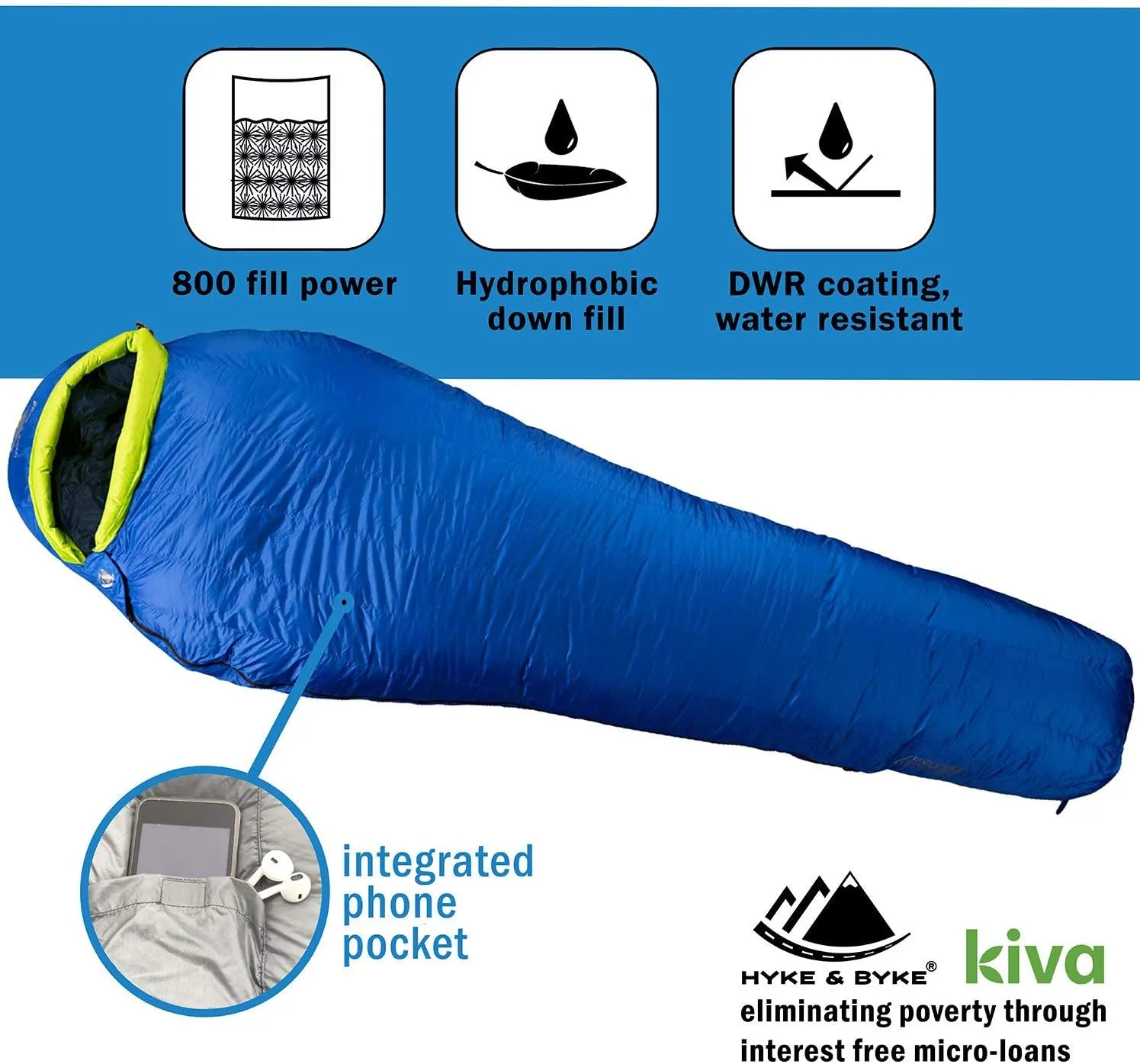 Hyke & Byke Eolus 15 F Hiking & Backpacking Sleeping Bag - 3 Season, 800FP Goose Down Sleeping Bag - Ultralight - Black/Clementine - 78in - Regular