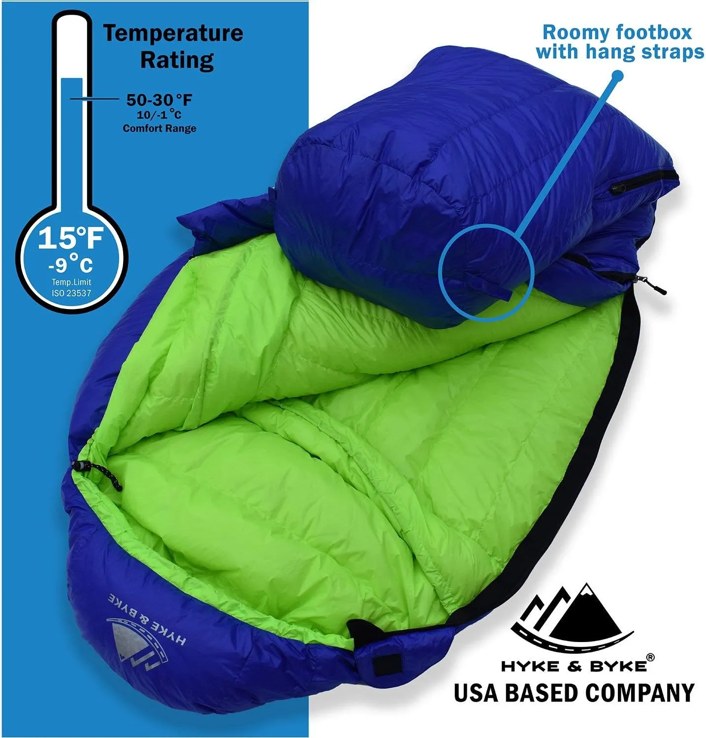 Hyke & Byke Eolus 15 F Hiking & Backpacking Sleeping Bag - 3 Season, 800FP Goose Down Sleeping Bag - Ultralight - Black/Clementine - 78in - Regular