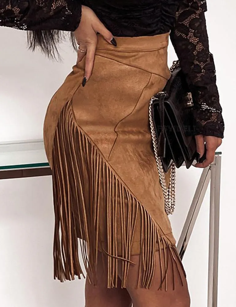 IDEALSANXUN Fringe Suede Skirt for Women High Waisted Tassel Short Mini Skirt