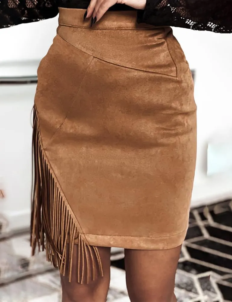 IDEALSANXUN Fringe Suede Skirt for Women High Waisted Tassel Short Mini Skirt
