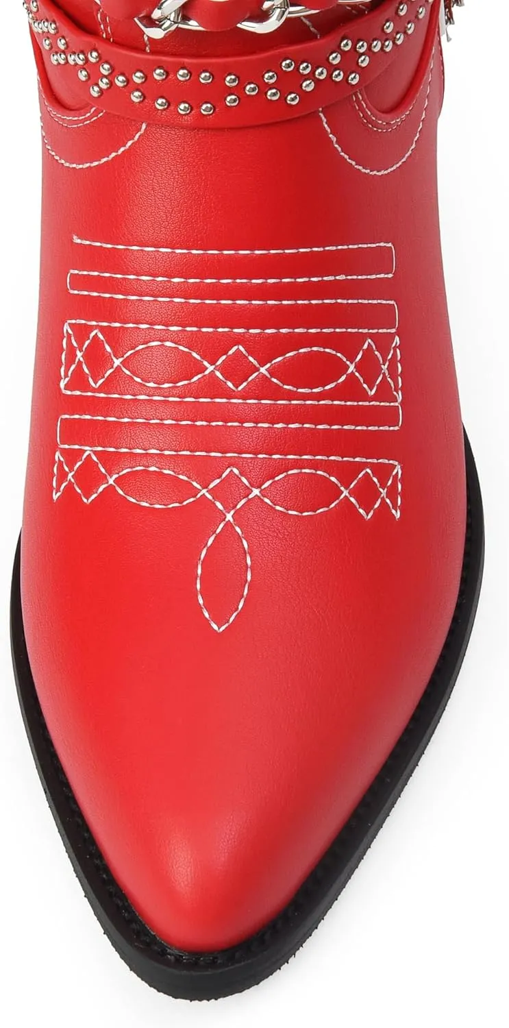 iiimmu Cowboy Boots for Women with Chain, Pointy Toe Chunky Heel Women's Riding Boots with Embroidered, Pull on Style Western Boots, Faux Leather