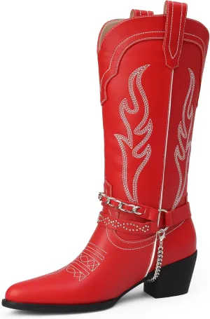 iiimmu Cowboy Boots for Women with Chain, Pointy Toe Chunky Heel Women's Riding Boots with Embroidered, Pull on Style Western Boots, Faux Leather