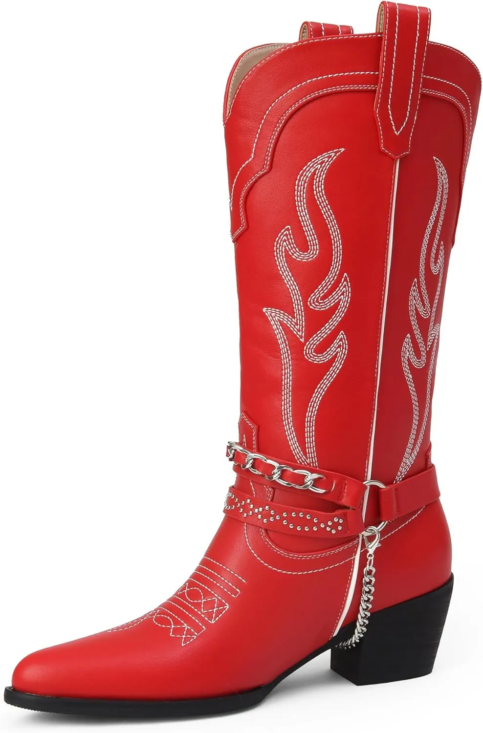 iiimmu Cowboy Boots for Women with Chain, Pointy Toe Chunky Heel Women's Riding Boots with Embroidered, Pull on Style Western Boots, Faux Leather