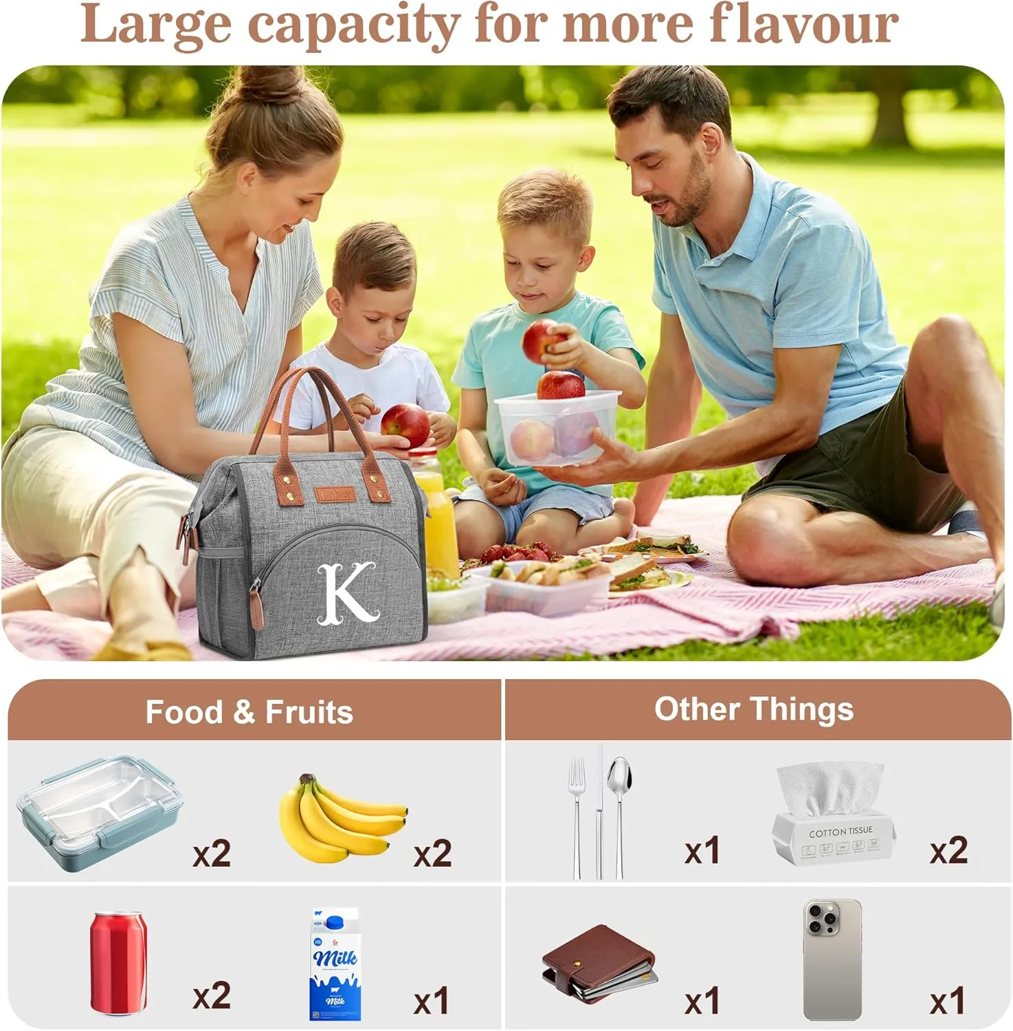 Initial Lunch Bag Women Insulated Lunch Box Wide-Open Tote Bag Large Drinks Holder Durable Nylon Thermal Snacks Organizer for Work, Travel, Picnic Personalized Gifts for Women/Teacher