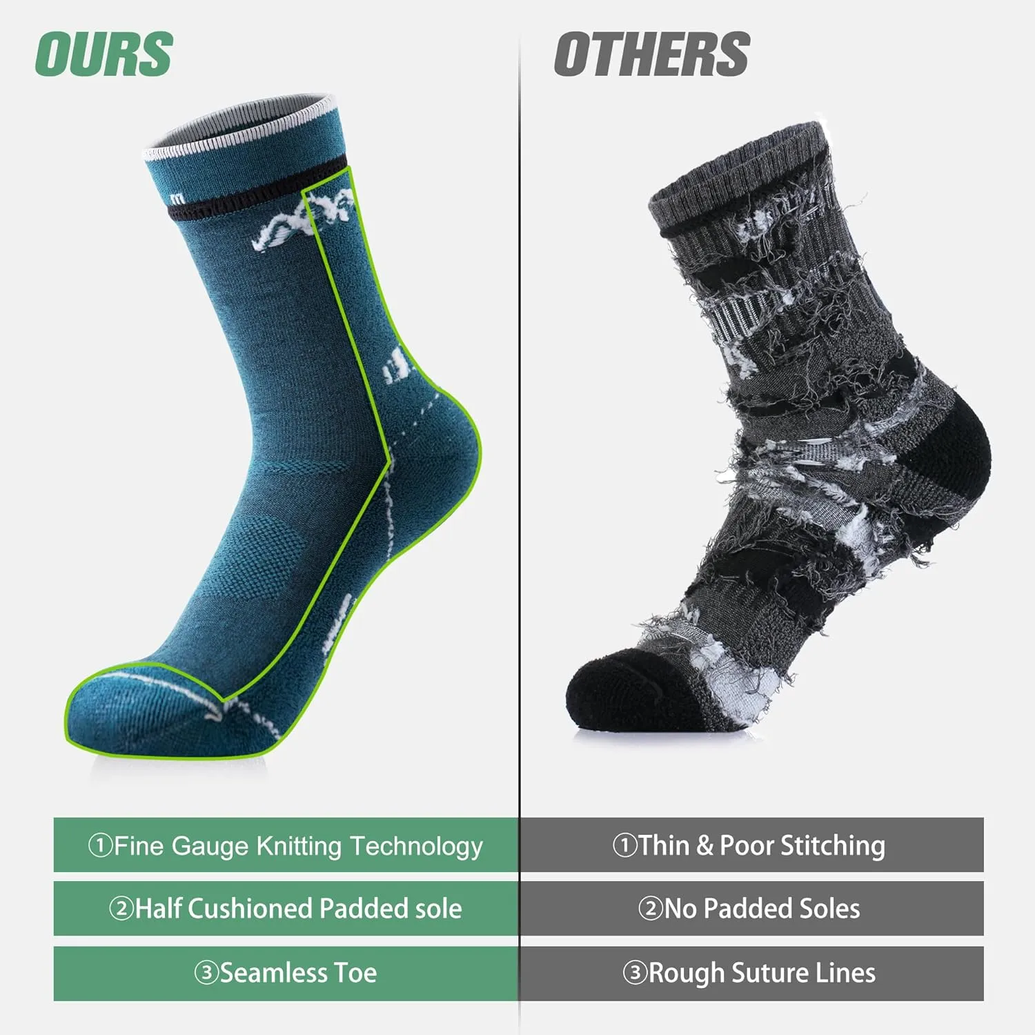 innotree 3 Pack Men's Merino Wool Hiking Socks, Micro Crew Cushioned Hiking Walking Thermal Moisture Wicking Trekking Socks