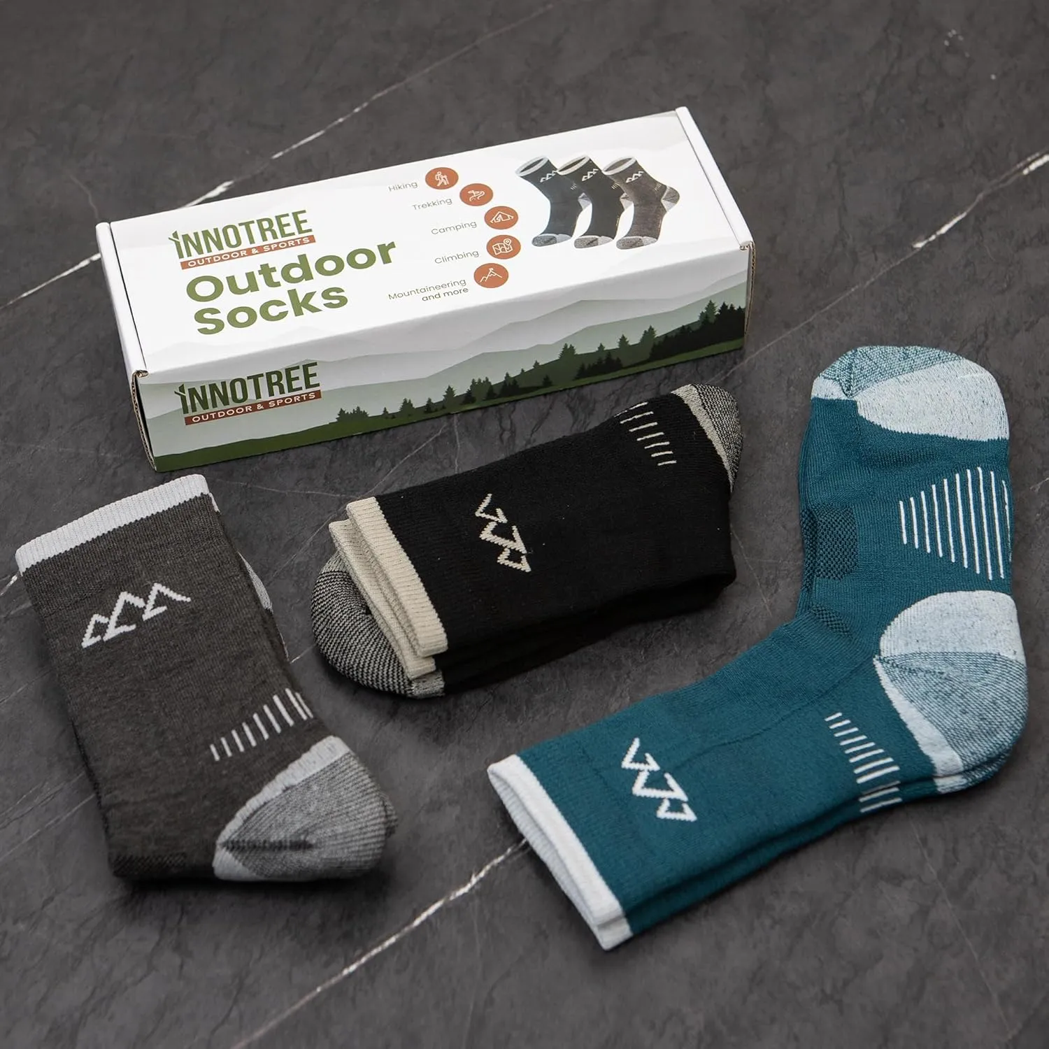 innotree 3 Pack Men's Merino Wool Hiking Socks, Micro Crew Cushioned Hiking Walking Thermal Moisture Wicking Trekking Socks