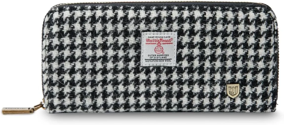 Islander HarrisTweed & PU Leather women’s long zip purse, Black and White, Carry Cash & card, Scottish Style
