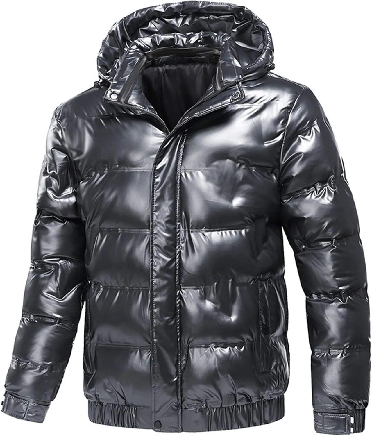 JEsilunmaMY Men's Thermal Shiny Hooded Puffer Jacket Winter Coats Water-Resistant Down Coats Insulated Padded Puffy Coat