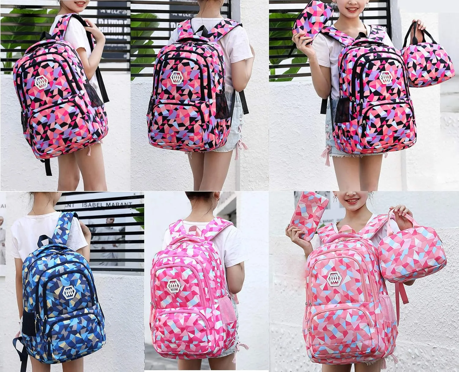 JiaYou Girl Geometric Printed Primary Junior High University School Bag Bookbag 3pcs Backpack Sets(2# Blue-3pcs,19 L)