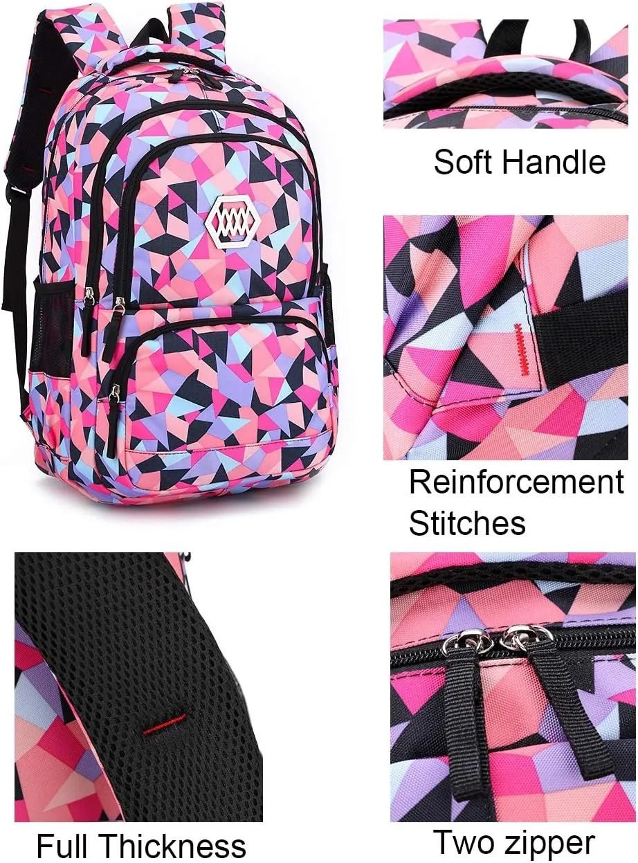 JiaYou Girl Geometric Printed Primary Junior High University School Bag Bookbag 3pcs Backpack Sets(2# Blue-3pcs,19 L)