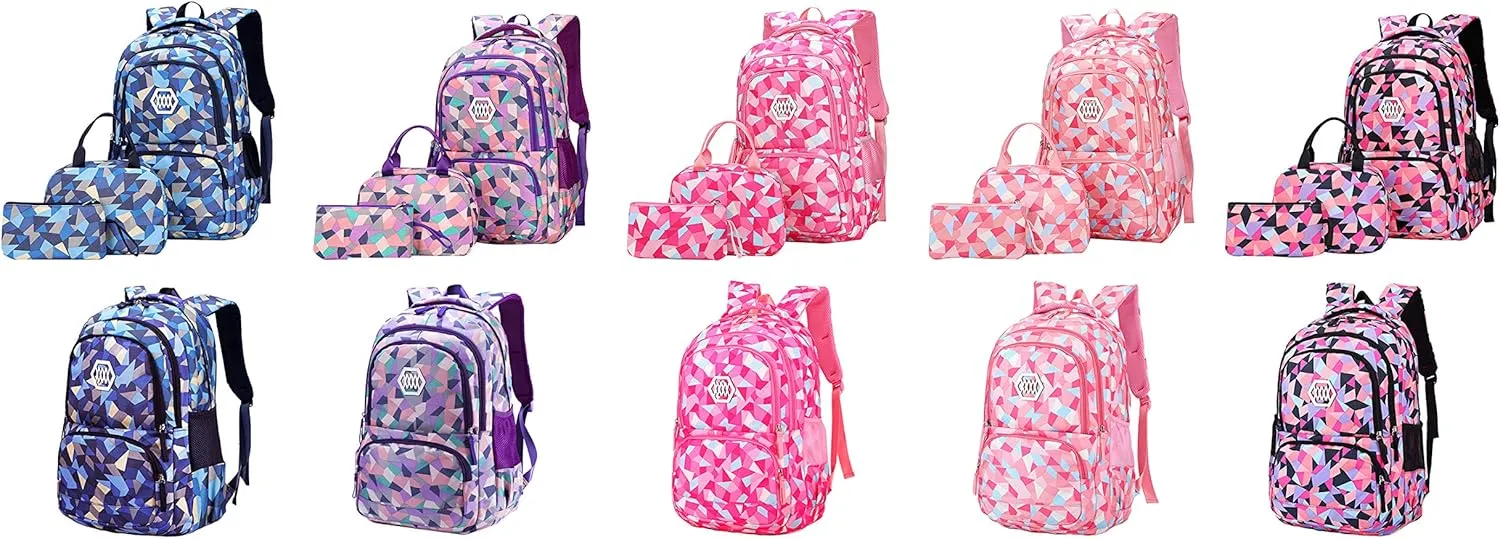 JiaYou Girl Geometric Printed Primary Junior High University School Bag Bookbag 3pcs Backpack Sets(2# Blue-3pcs,19 L)