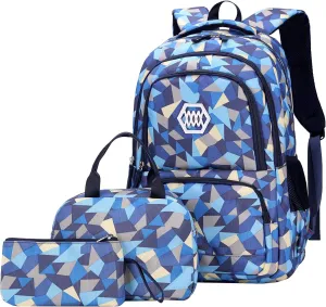 JiaYou Girl Geometric Printed Primary Junior High University School Bag Bookbag 3pcs Backpack Sets(2# Blue-3pcs,19 L)