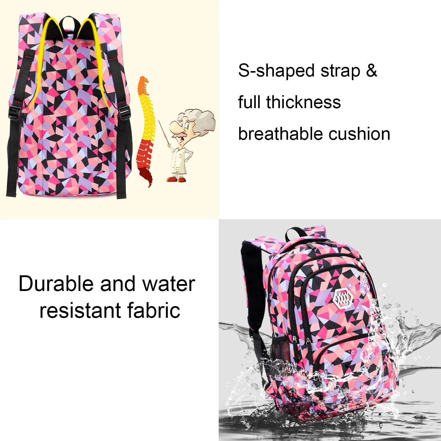 JiaYou Girl Geometric Printed Primary Junior High University School Bag Bookbag 3pcs Backpack Sets(2# Blue-3pcs,19 L)