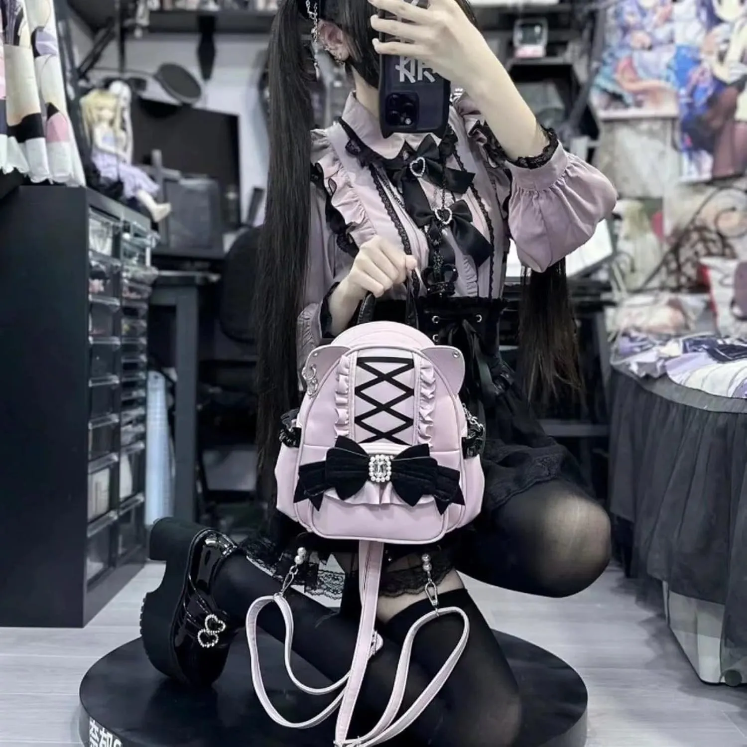 Jirai Kei Kawaii Bag Gothic Cute Bag Mini Leather Backpack Fashion Small Daypacks Purse for Women Cutecore (Pink)