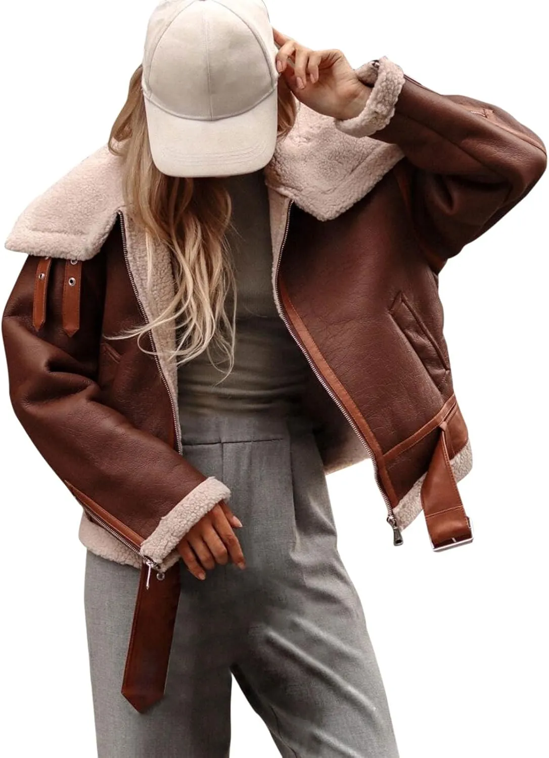 JOFOW Womens Suede Jackets Parka Lapel Fleece Collar Belted Flannel Lined Warm Loose Fashion Coats Plus Size XXL