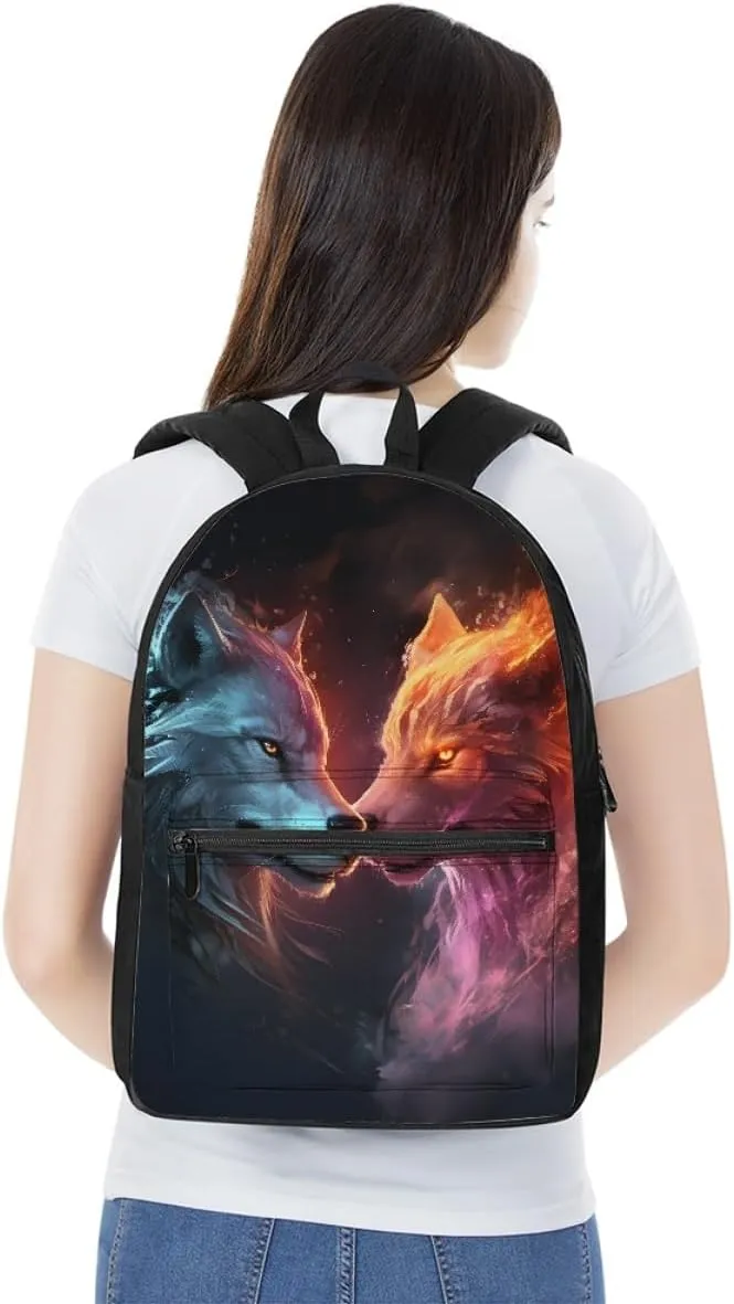 JooMeryer Cool Fox Wolf Printed Backpack for Kid Teen Boys Girls Casual School Bag Shoulder Bags with Front Zipper Pocket,Blue Yellow Wolf