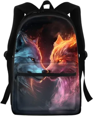 JooMeryer Cool Fox Wolf Printed Backpack for Kid Teen Boys Girls Casual School Bag Shoulder Bags with Front Zipper Pocket,Blue Yellow Wolf