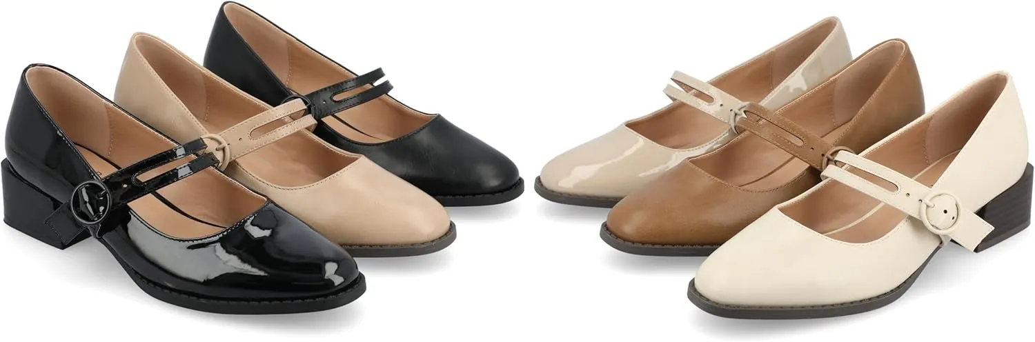Journee Womens Mary Jane Outset Stacked Block Heel Buckle Strap Almond Toe Savvi Comfort Foam Pumps