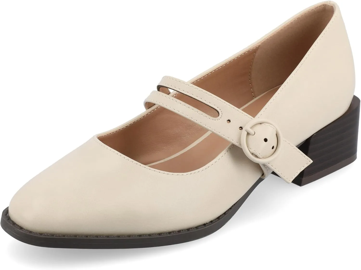 Journee Womens Mary Jane Outset Stacked Block Heel Buckle Strap Almond Toe Savvi Comfort Foam Pumps