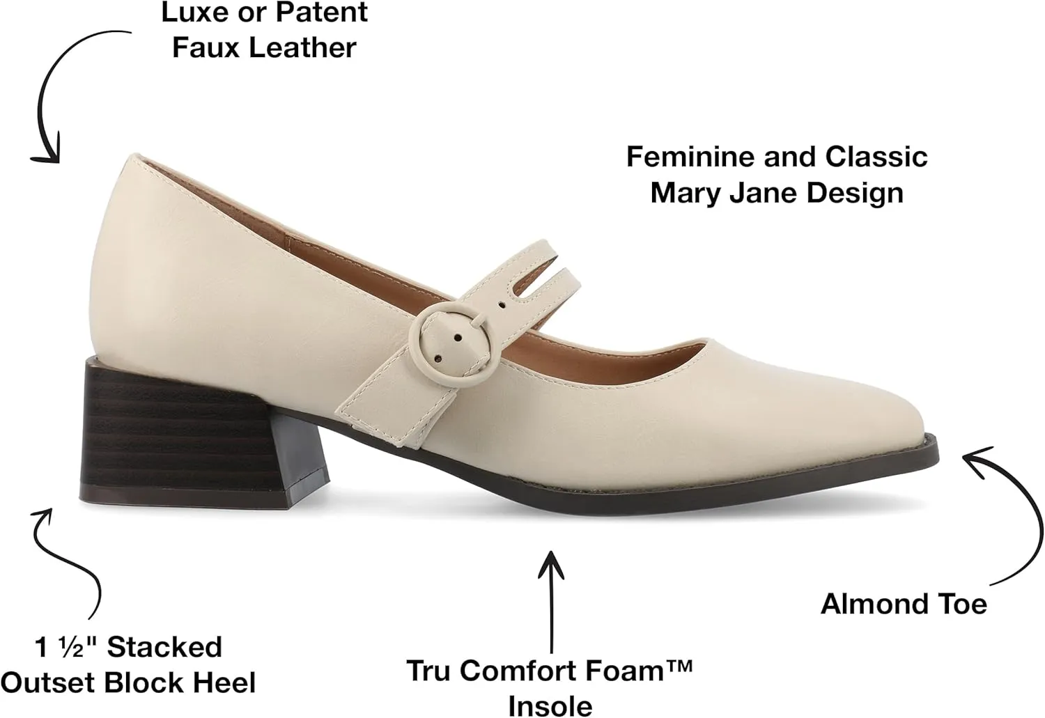 Journee Womens Mary Jane Outset Stacked Block Heel Buckle Strap Almond Toe Savvi Comfort Foam Pumps