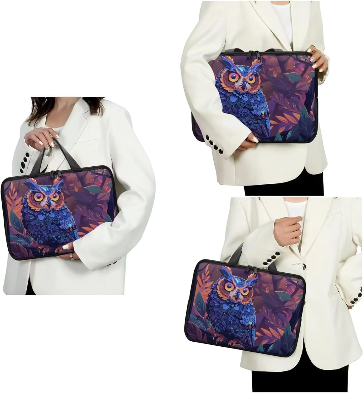 Jungle Owl Print Laptop Bag with Round Mouse Pad - PU Laptop Case Laptop Sleeve Case - Innovative Design Computer Sleeve with Handle - 2pcs Laptop Carrying Case Multicolor 15Inches