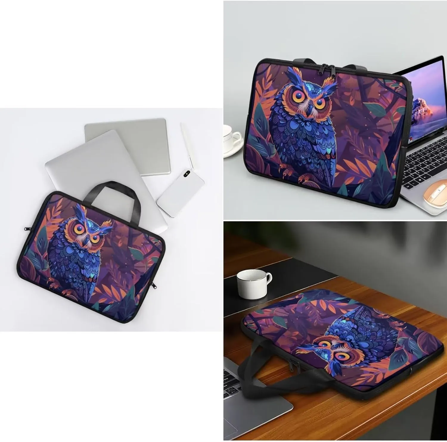 Jungle Owl Print Laptop Bag with Round Mouse Pad - PU Laptop Case Laptop Sleeve Case - Innovative Design Computer Sleeve with Handle - 2pcs Laptop Carrying Case Multicolor 15Inches