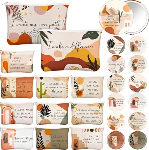 Kacctyen 24 Pcs Positive Affirmation Gift Set 12 Inspirational Canvas Makeup Bags 12 Daily Affirmations Mirrors Bulk Employee Appreciation Gifts for Women Stress Relief Self Care Gift(Bohemia)