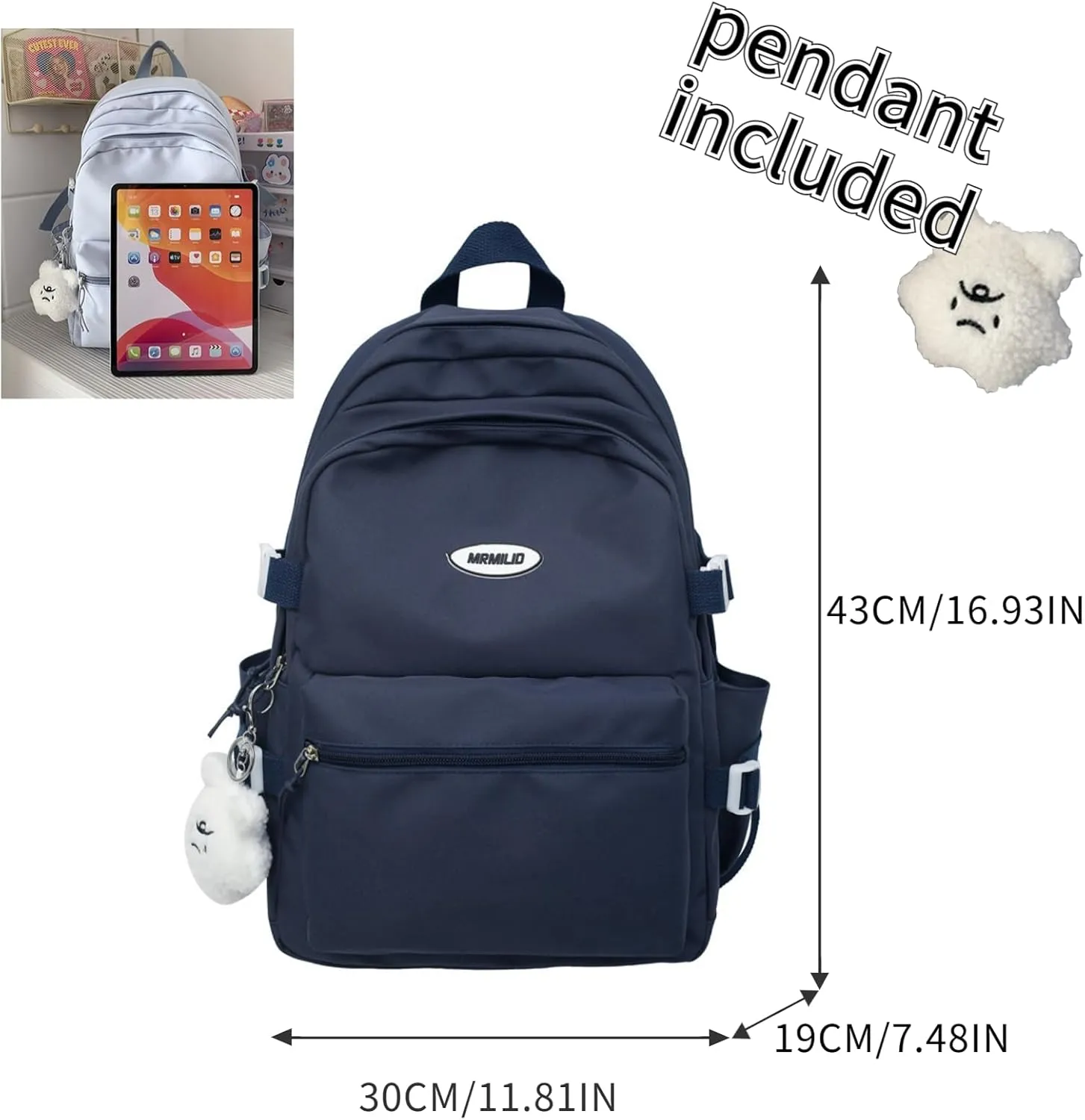 Kawaii Backpack with Cute Accessories Casual Aesthetic Daypack Simple Laptop Bag Waterproof Travel Rucksack for Women (dark blue)